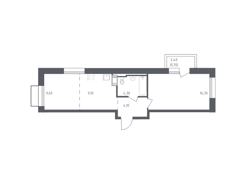 2-комнатная (Евро) квартира, 44.1 м² - планировка, фото №1