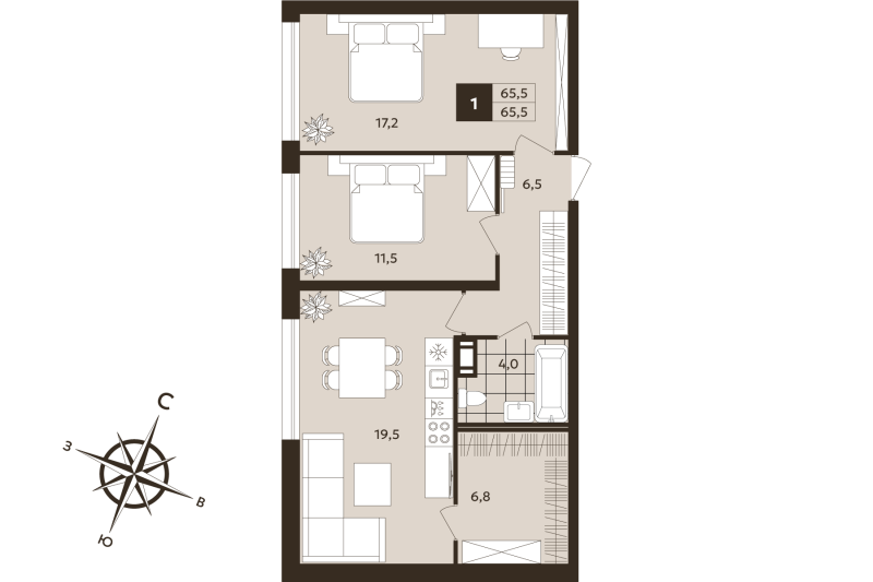 2-комнатная (Евро) квартира, 65.5 м² в ЖК "Дом на Бронницкой" - планировка, фото №1