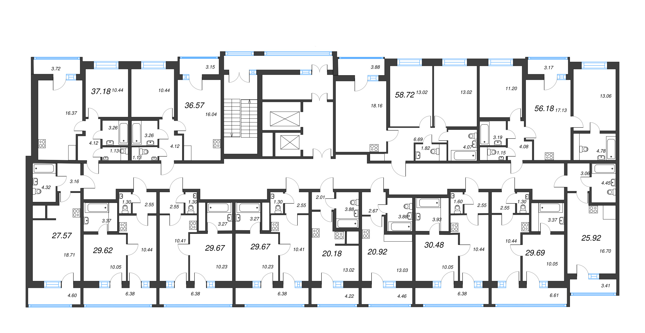 3-комнатная (Евро) квартира, 56.18 м² - планировка этажа