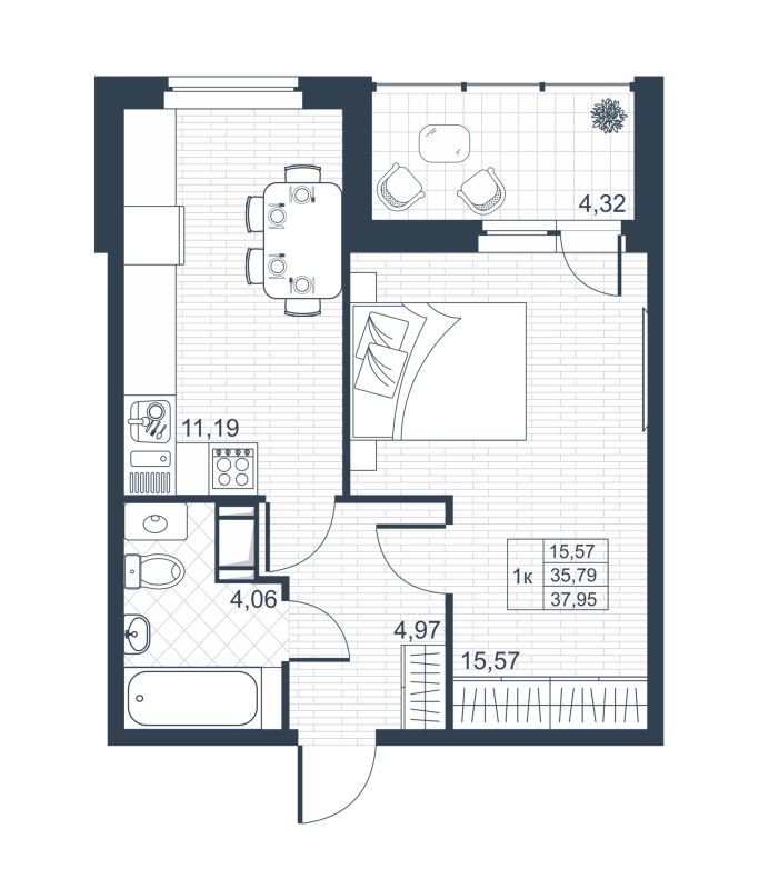 1-комнатная квартира, 35.7 м² в ЖК "Ново-Антропшино" - планировка, фото №1