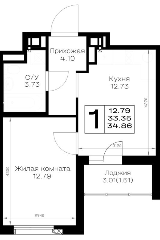 1-комнатная квартира, 34.86 м² в ЖК "Борский" - планировка, фото №1