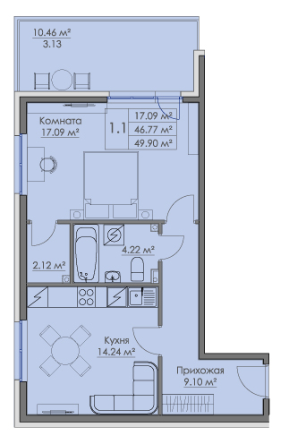 1-комнатная квартира, 49.9 м² в ЖК "Малая Финляндия" - планировка, фото №1