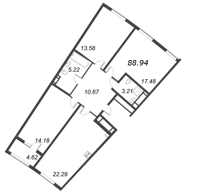 3-комнатная (Евро) квартира, 88.94 м² в ЖК "Морская набережная. SeaView" - планировка, фото №1