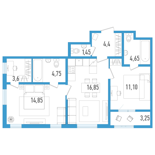 3-комнатная (Евро) квартира, 63.28 м² - планировка, фото №1