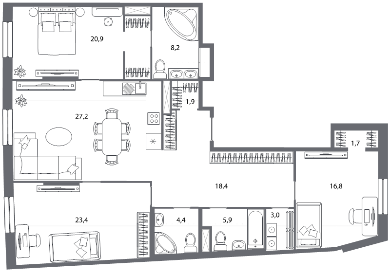 4-комнатная (Евро) квартира, 131.8 м² в ЖК "Северная корона" - планировка, фото №1