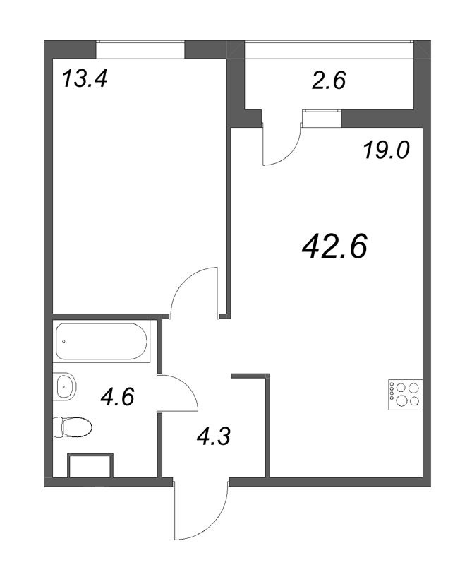2-комнатная (Евро) квартира, 42.9 м² в ЖК "Дзета" - планировка, фото №1