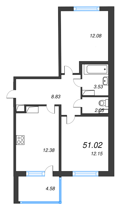 2-комнатная квартира, 51.02 м² - планировка, фото №1