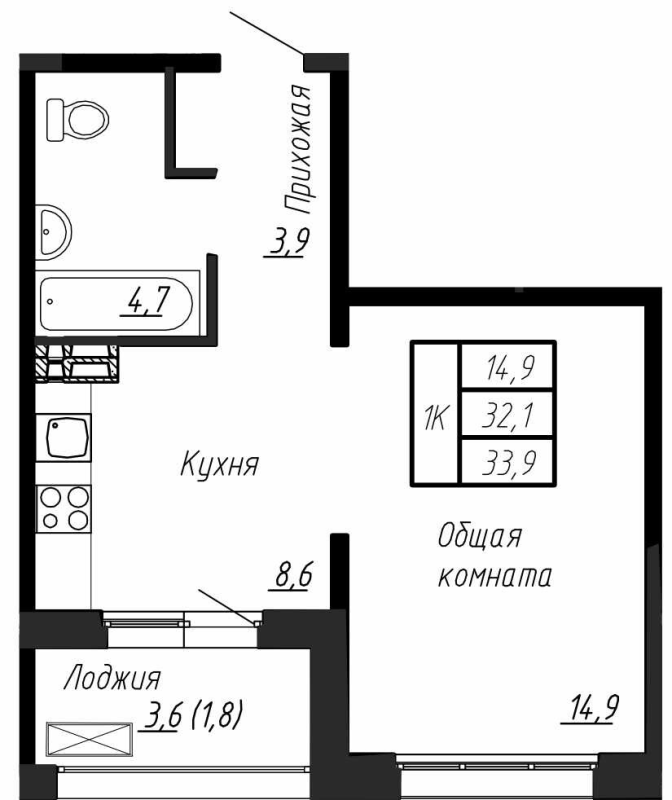 1-комнатная квартира, 33.9 м² в ЖК "Сибирь" - планировка, фото №1