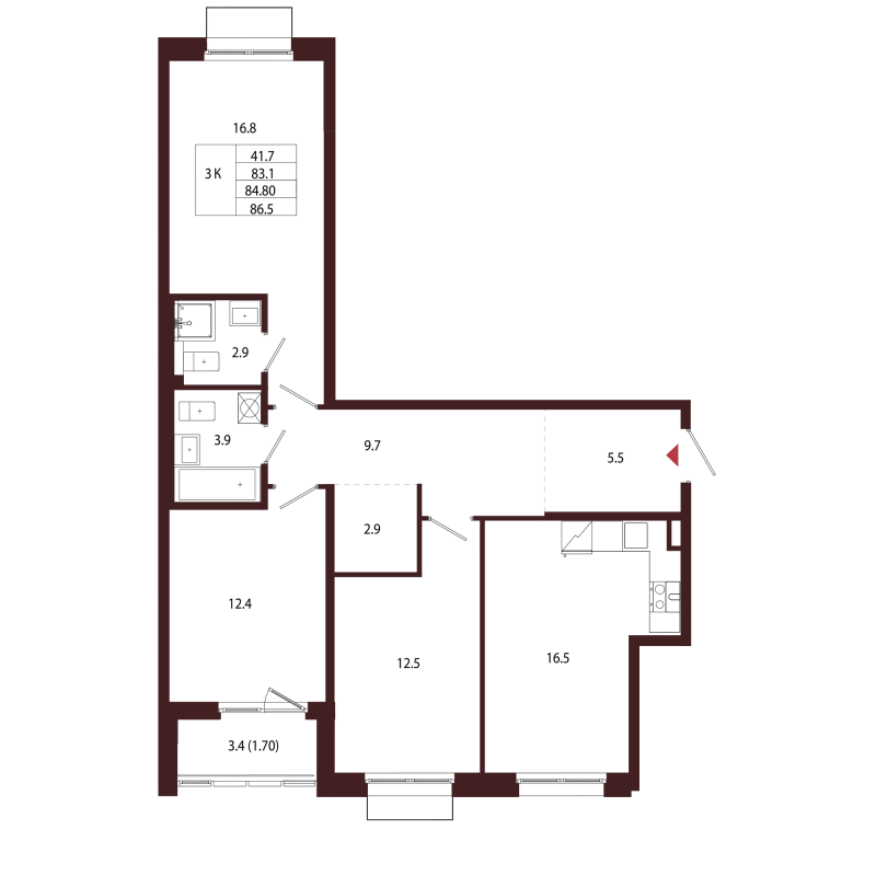 4-комнатная (Евро) квартира, 84.8 м² в ЖК "Лисино" - планировка, фото №1