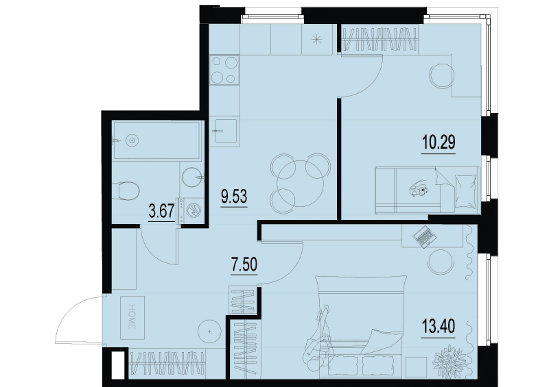2-комнатная квартира, 44.39 м² - планировка, фото №1
