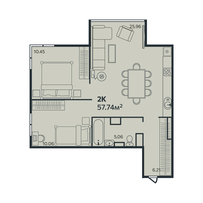 3-комнатная (Евро) квартира, 57.74 м² - планировка, фото №1