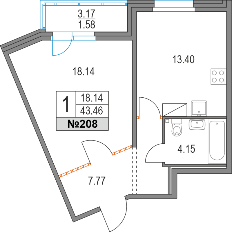 1-комнатная квартира, 43.5 м² в ЖК "Приморский квартал" - планировка, фото №1