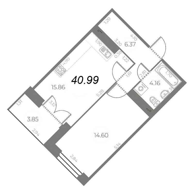 2-комнатная (Евро) квартира, 42.91 м² - планировка, фото №1