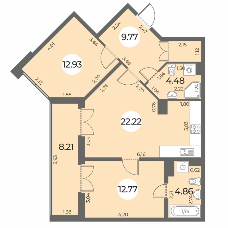 3-комнатная (Евро) квартира, 71.14 м² в ЖК "Огни Залива" - планировка, фото №1
