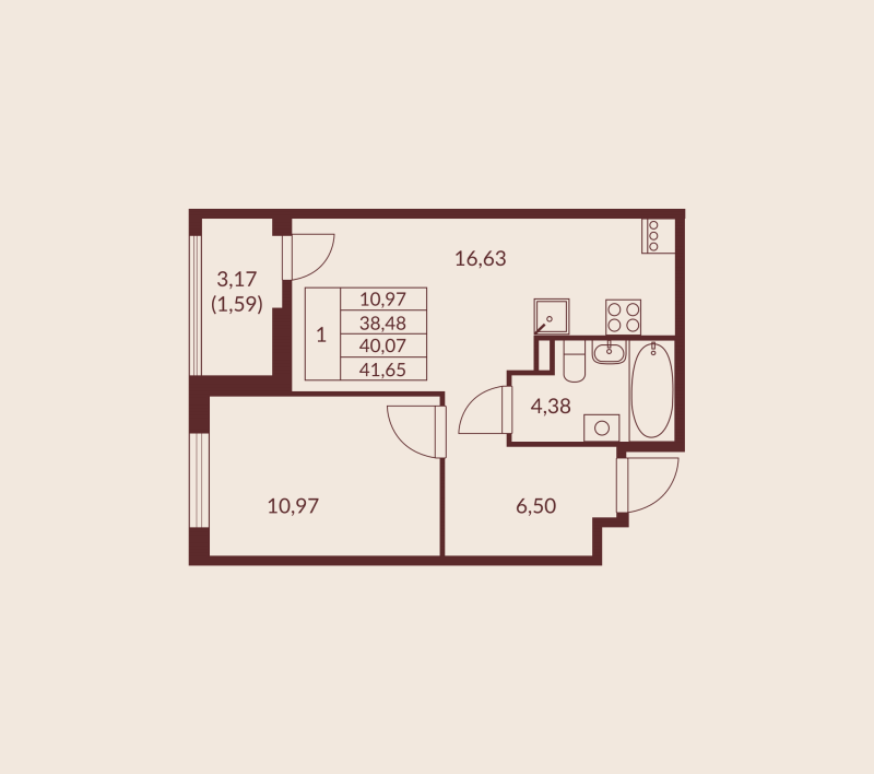 2-комнатная (Евро) квартира, 40.07 м² в ЖК "Амурино" - планировка, фото №1