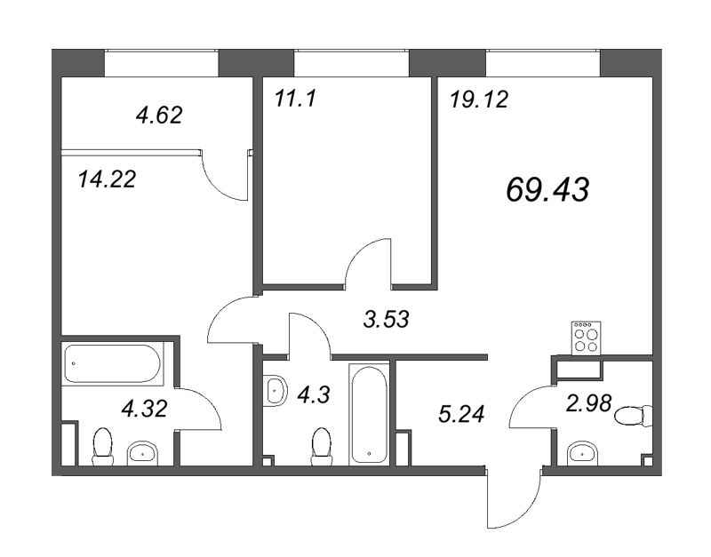 3-комнатная (Евро) квартира, 69.43 м² - планировка, фото №1