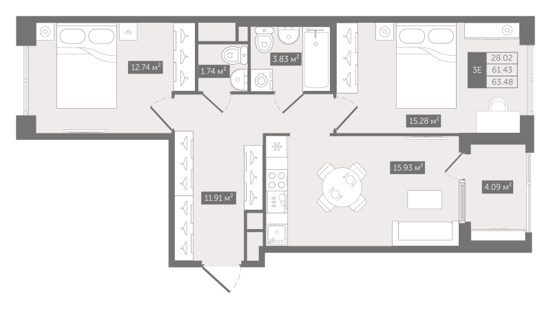 3-комнатная (Евро) квартира, 63.48 м² в ЖК "N8" - планировка, фото №1