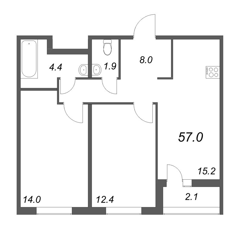 3-комнатная (Евро) квартира, 57 м² в ЖК "Дзета" - планировка, фото №1