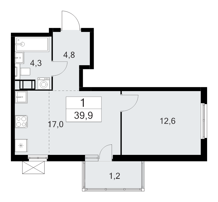 2-комнатная (Евро) квартира, 39.9 м² - планировка, фото №1