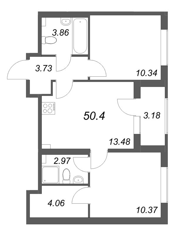 2-комнатная квартира, 50.4 м² в ЖК "Гранат" - планировка, фото №1