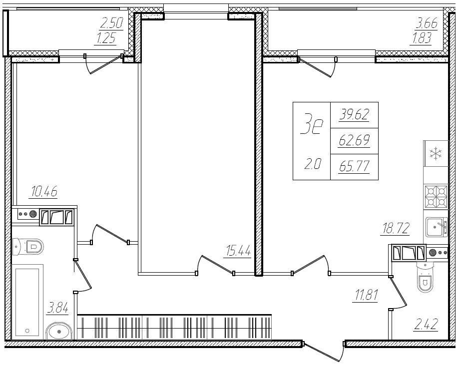 3-комнатная (Евро) квартира, 67.1 м² - планировка, фото №1