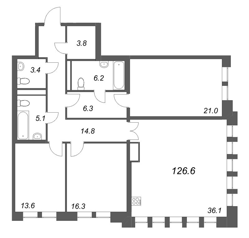 4-комнатная (Евро) квартира, 126.6 м² в ЖК "Коллекционер" - планировка, фото №1