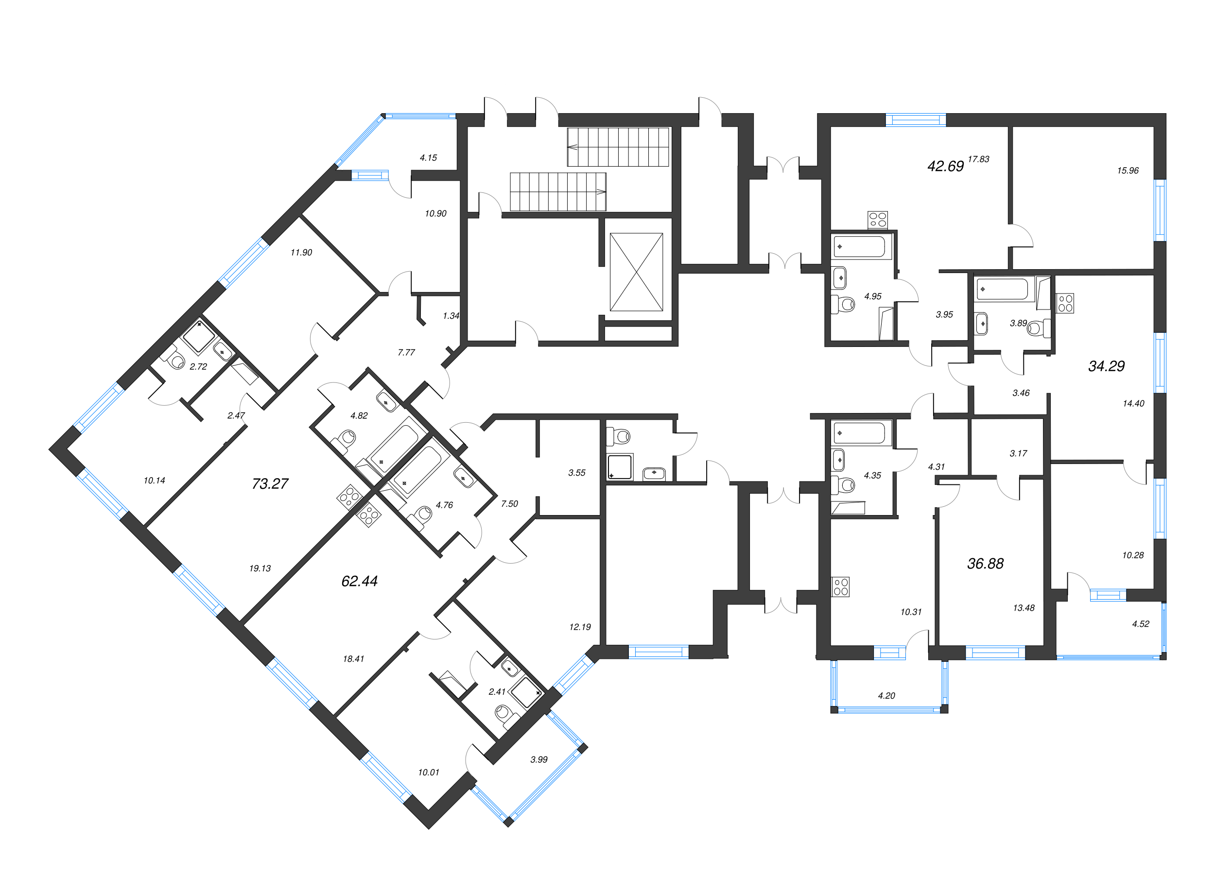 2-комнатная (Евро) квартира, 42.69 м² - планировка этажа