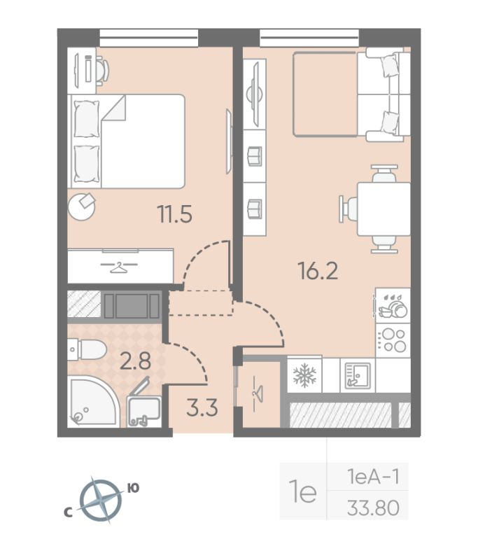 1-комнатная квартира, 33.8 м² в ЖК "Октябрьская набережная" - планировка, фото №1