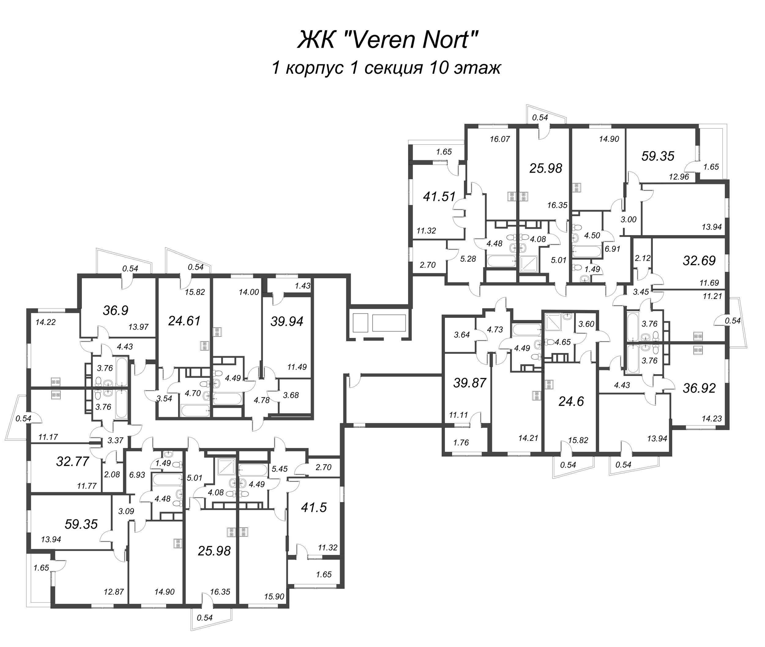 1-комнатная квартира, 32.69 м² в ЖК "VEREN NORT сертолово" - планировка этажа
