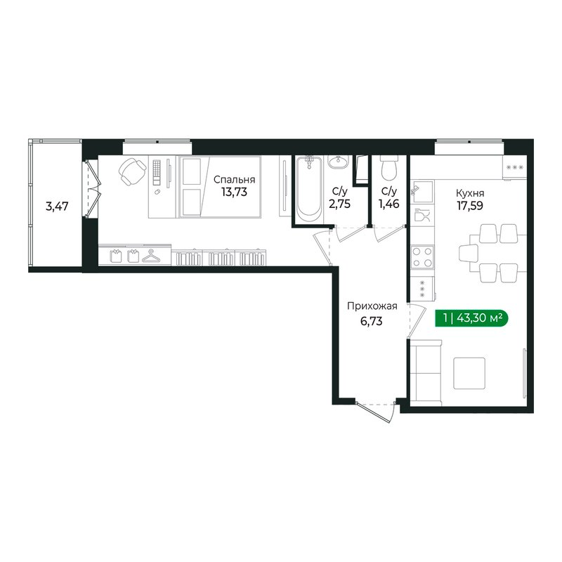 2-комнатная (Евро) квартира, 42 м² в ЖК "Сертолово Парк" - планировка, фото №1