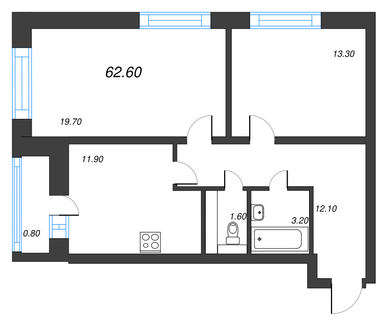 2-комнатная квартира, 62.6 м² - планировка, фото №1