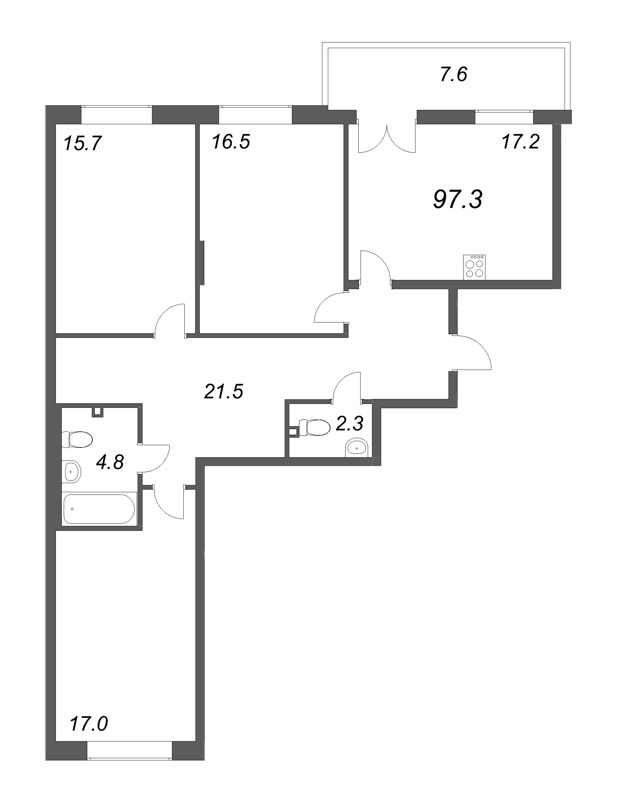 4-комнатная (Евро) квартира, 97.3 м² - планировка, фото №1