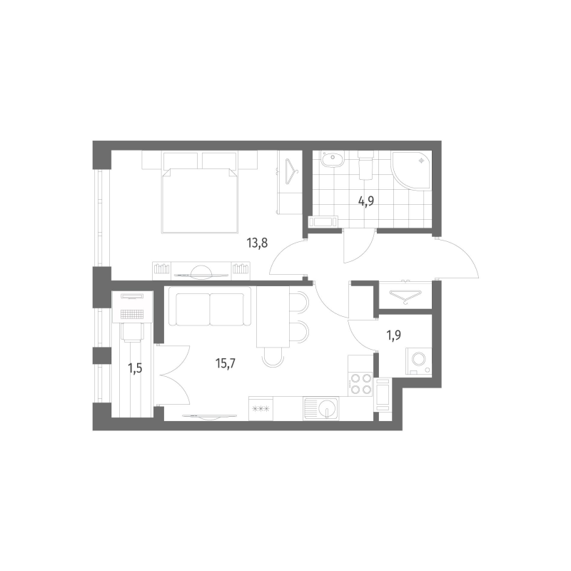 2-комнатная (Евро) квартира, 41.9 м² в ЖК "Новый Питер" - планировка, фото №1