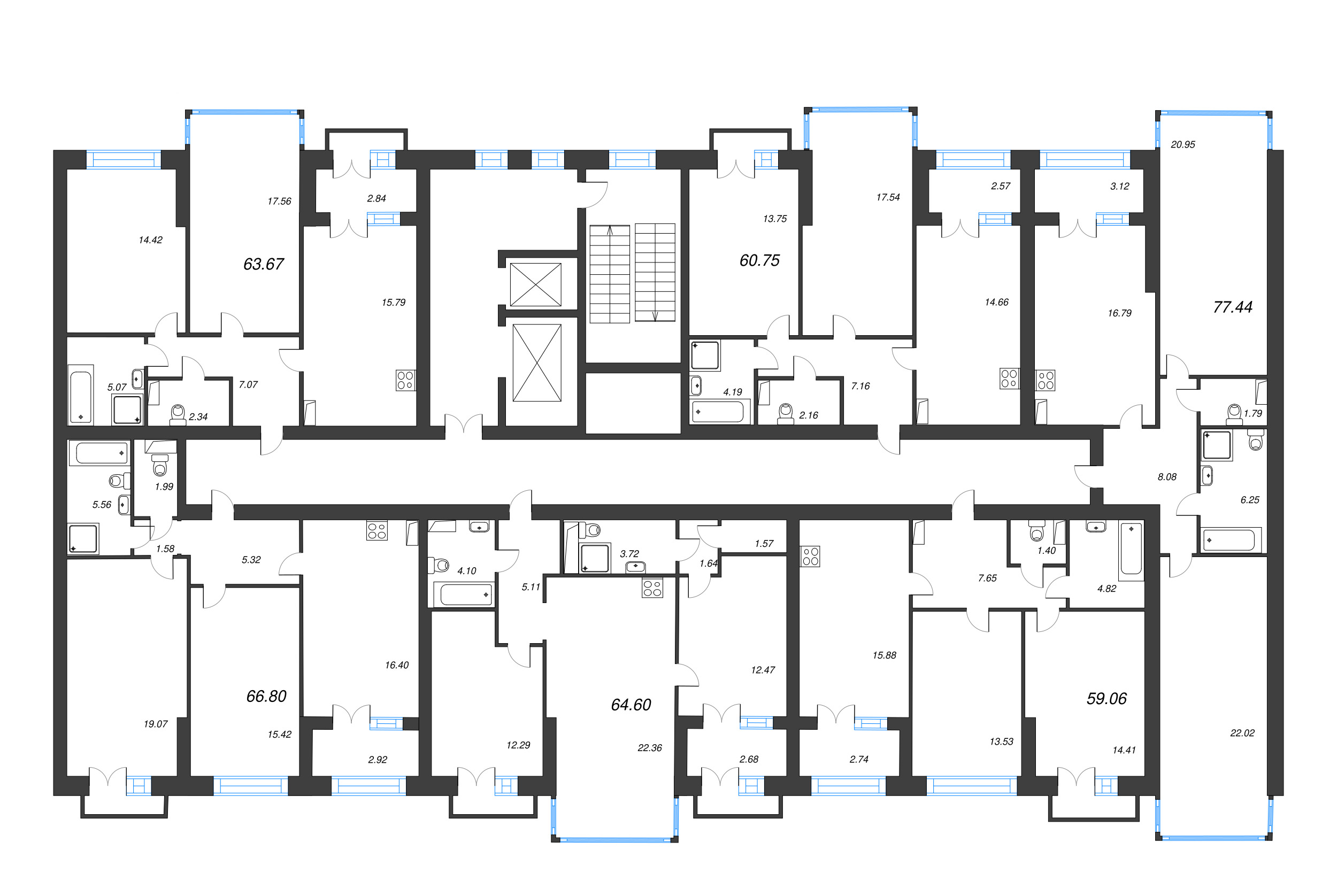 2-комнатная квартира, 64.7 м² - планировка этажа