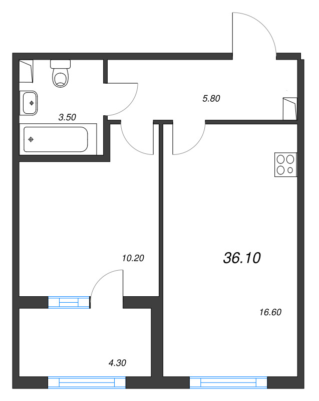 2-комнатная (Евро) квартира, 36.1 м² в ЖК "ЮгТаун" - планировка, фото №1