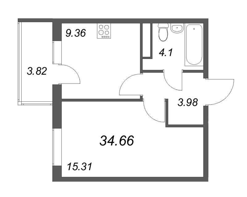 1-комнатная квартира, 34.66 м² в ЖК "Новая история" - планировка, фото №1