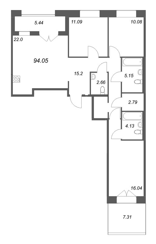 4-комнатная (Евро) квартира, 94.05 м² - планировка, фото №1