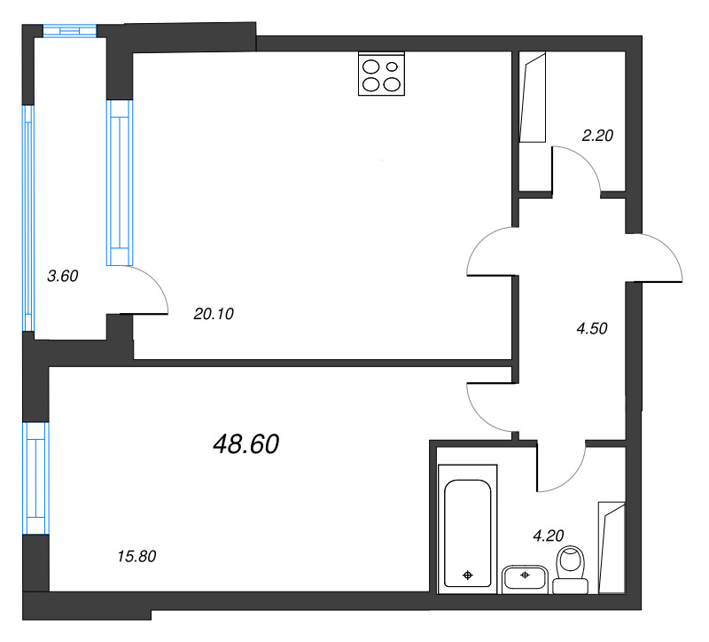2-комнатная (Евро) квартира, 48.4 м² в ЖК "Тайм Сквер" - планировка, фото №1