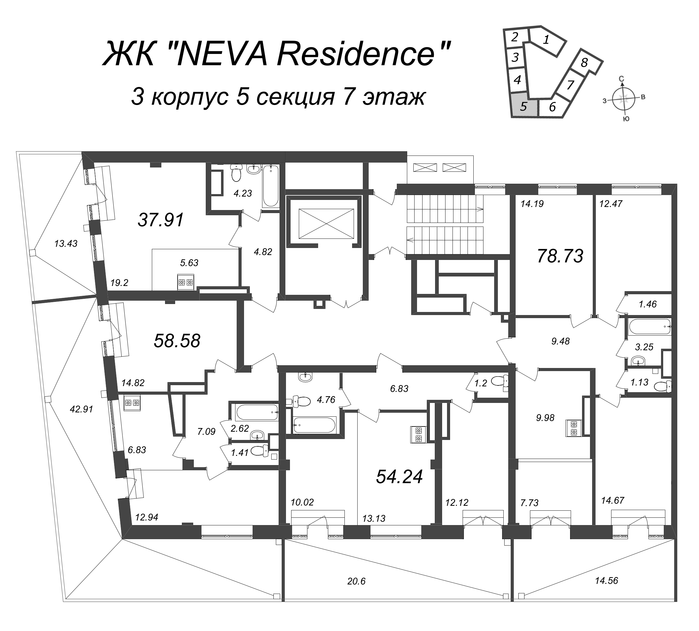 Квартира-студия, 37.91 м² в ЖК "Neva Residence" - планировка этажа