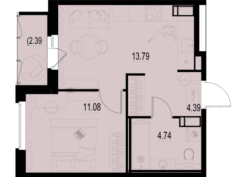 1-комнатная квартира, 35.31 м² - планировка, фото №1