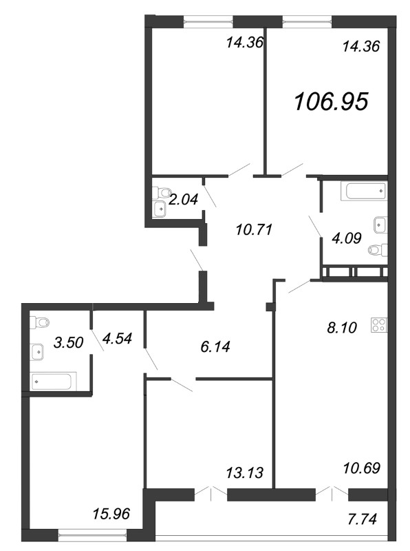 5-комнатная (Евро) квартира, 106.6 м² в ЖК "Морская набережная. SeaView" - планировка, фото №1