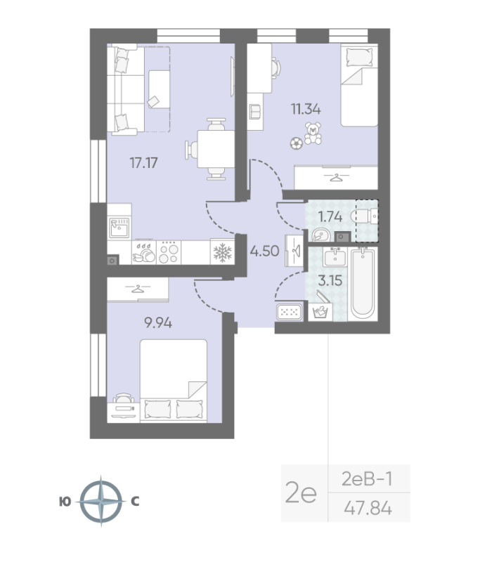 2-комнатная (Евро) квартира, 47.9 м² в ЖК "Морская миля" - планировка, фото №1