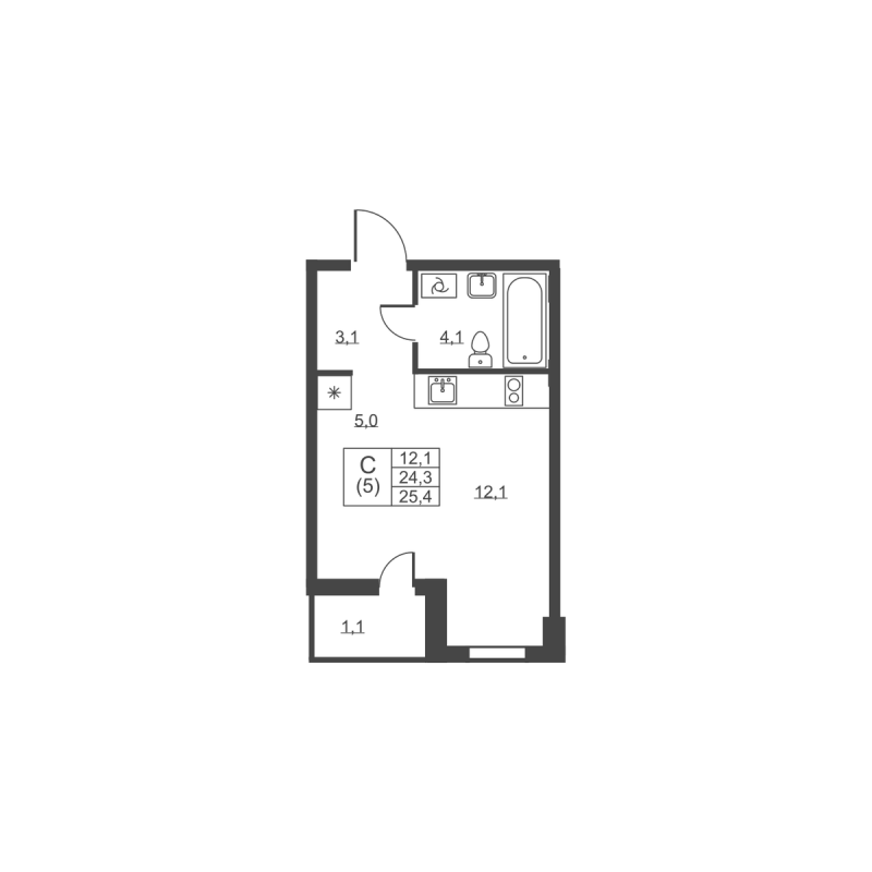 Квартира-студия, 25.4 м² - планировка, фото №1