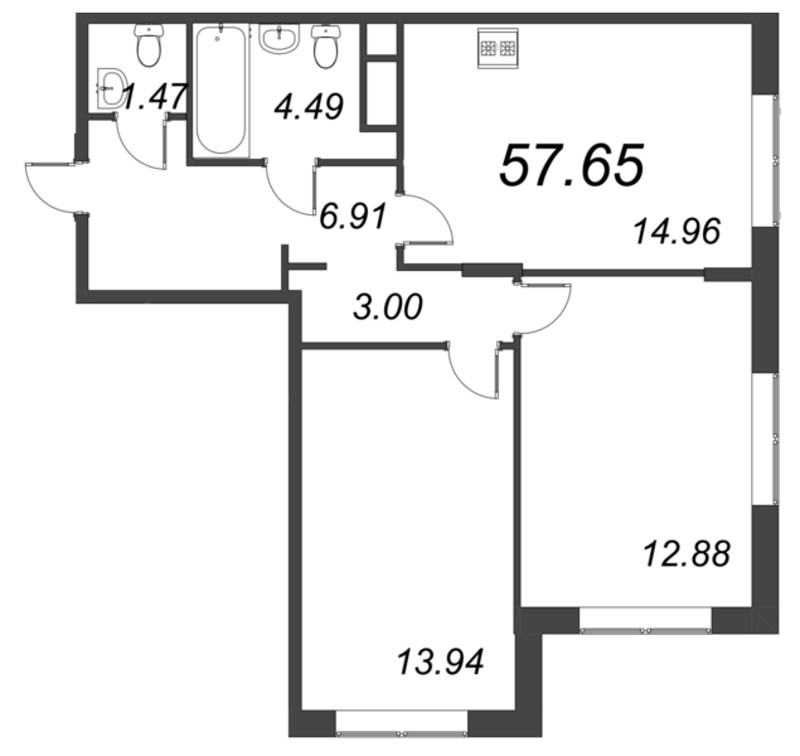 3-комнатная (Евро) квартира, 57.65 м² в ЖК "VEREN NORT сертолово" - планировка, фото №1