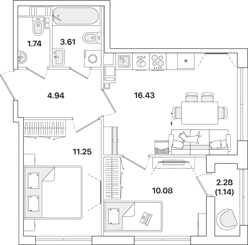 2-комнатная квартира, 49.19 м² - планировка, фото №1