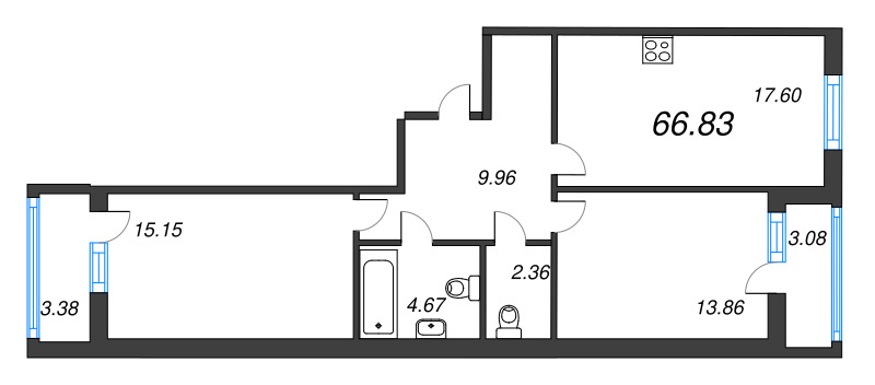 3-комнатная (Евро) квартира, 66.95 м² в ЖК "Аквилон Leaves" - планировка, фото №1