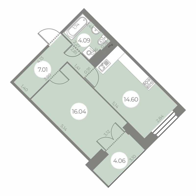 1-комнатная квартира, 43.84 м² - планировка, фото №1