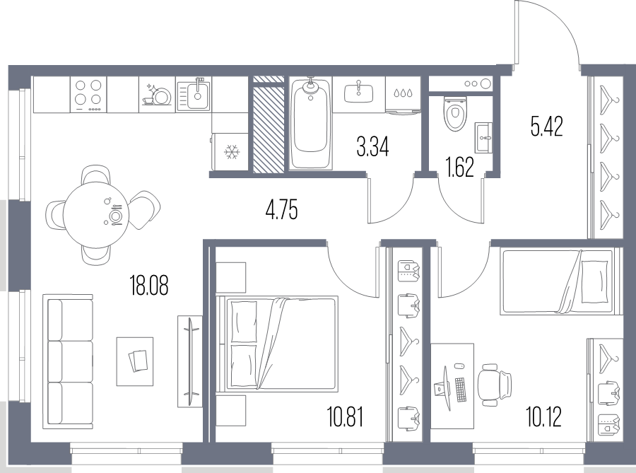 3-комнатная (Евро) квартира, 54.14 м² в ЖК "Legenda Васильевского" - планировка, фото №1