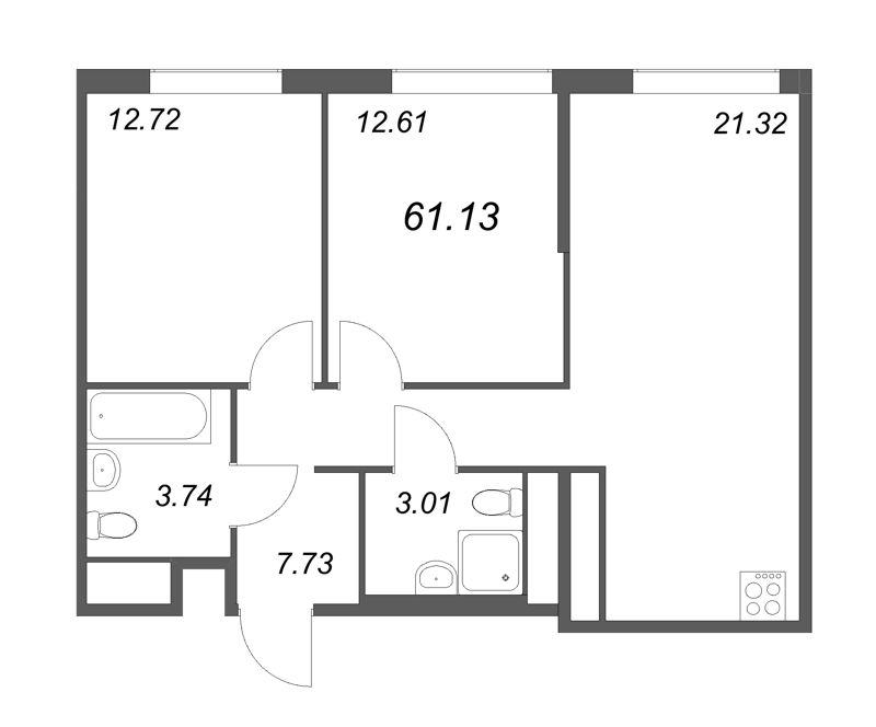 3-комнатная (Евро) квартира, 61.13 м² - планировка, фото №1