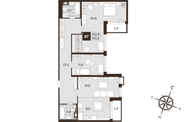 3-комнатная (Евро) квартира, 102.8 м² в ЖК "Дом на Бронницкой" - планировка, фото №1